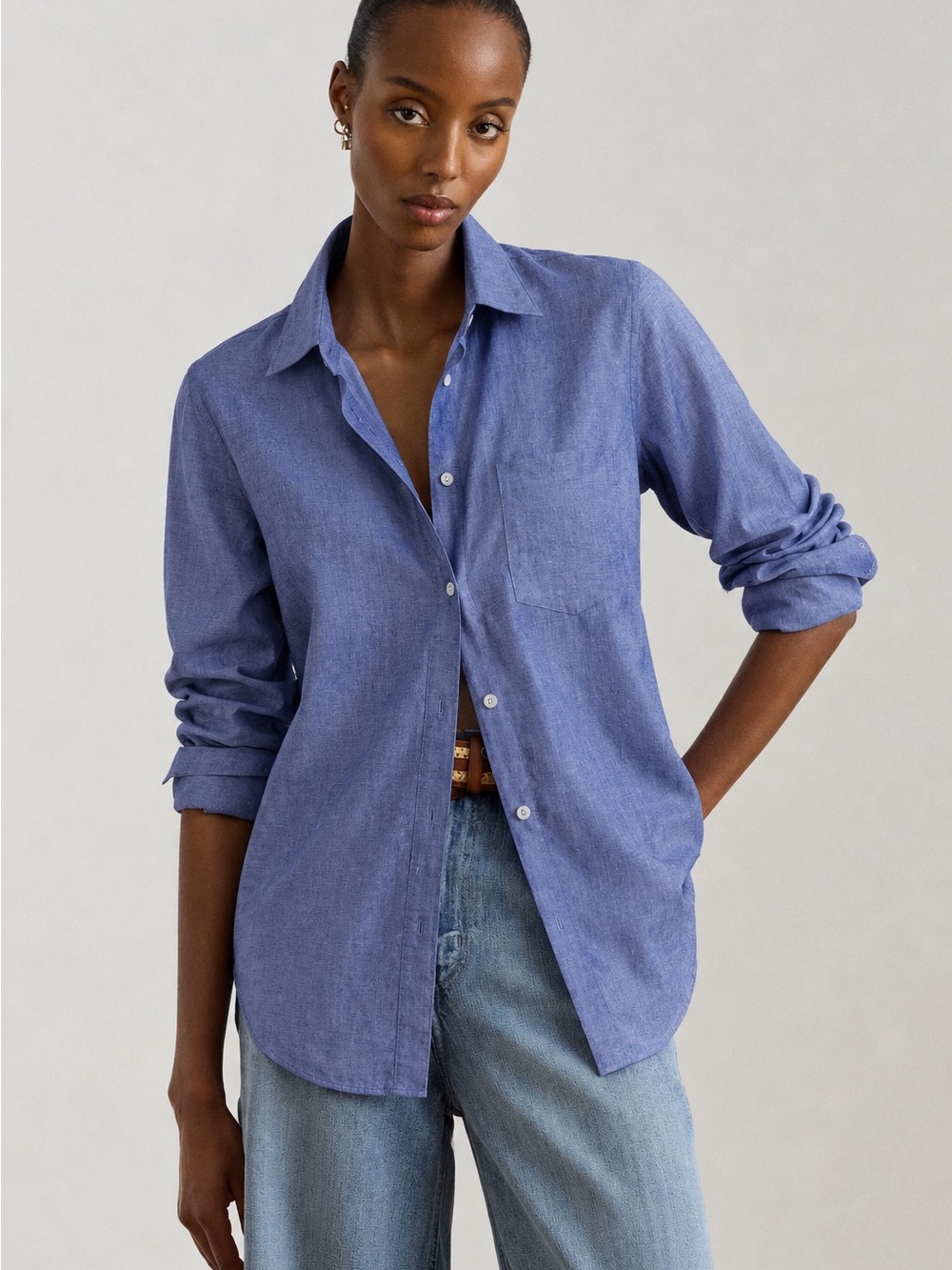 Theory Perfect Icon 100% Cotton Button Down Shirt Chambray Blue Size M